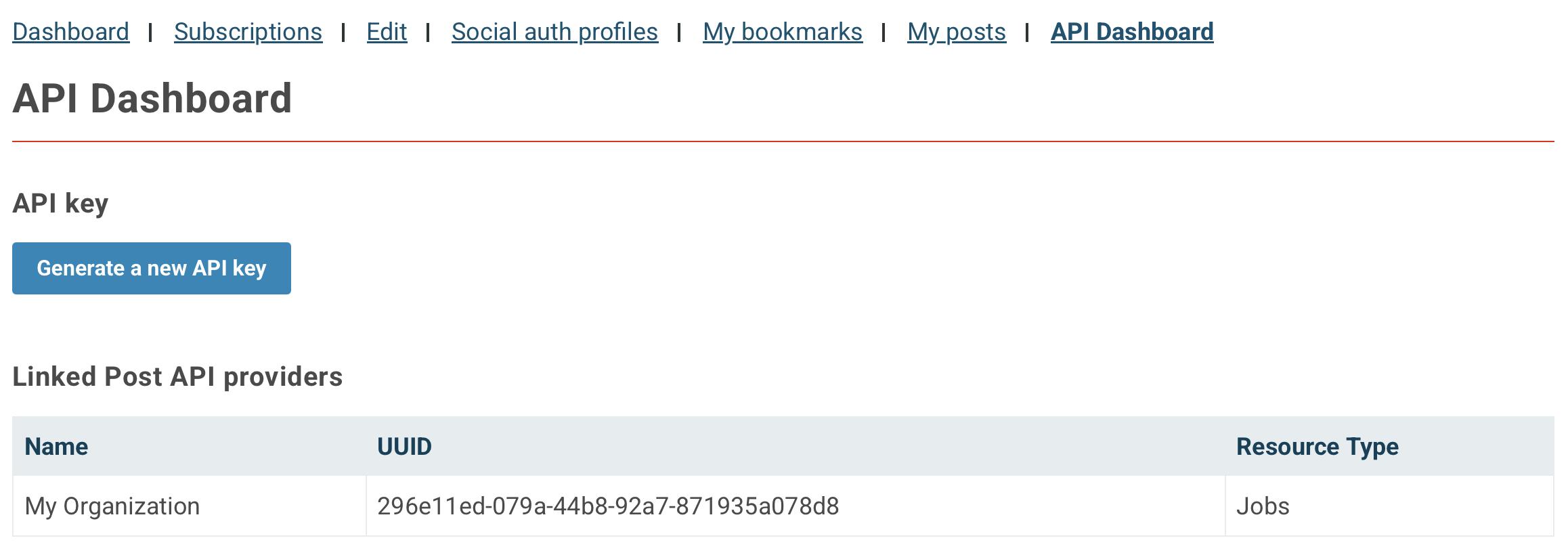 ReliefWeb API Dashboard showing Generate a new API key and linked Post API providers with UUID and resource type